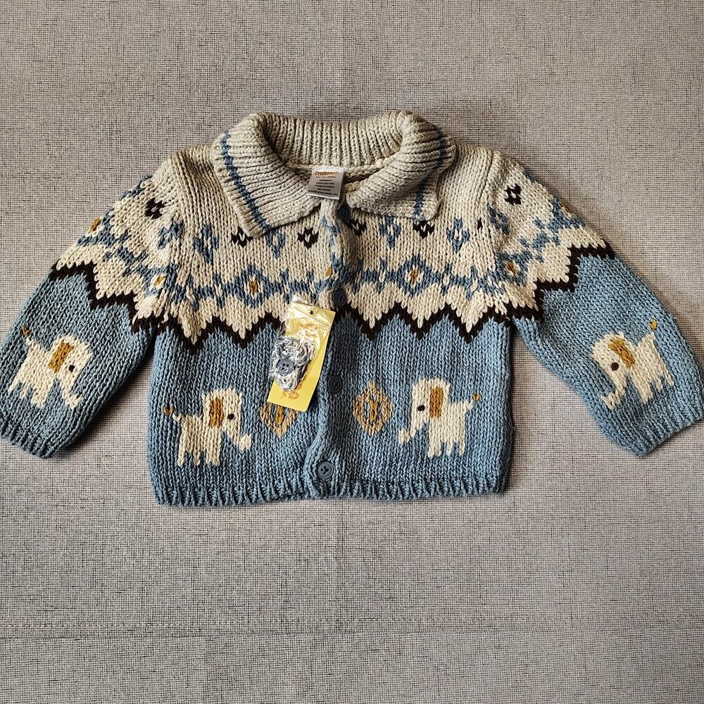 Vintage Gymboree Elephant Cardigan 12-18M NWT Fair Isle Knit Baby Sweater